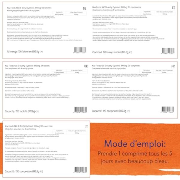 Now Foods, NAC (N-Acetyl Cysteine), 1.000mg, 5 Jours de Réserve, Complément Alimentaire, 120 Comprimés végétaliens, Testé en Laboratoire, Sans Soja, Sans Gluten, Végétalien – Image 9