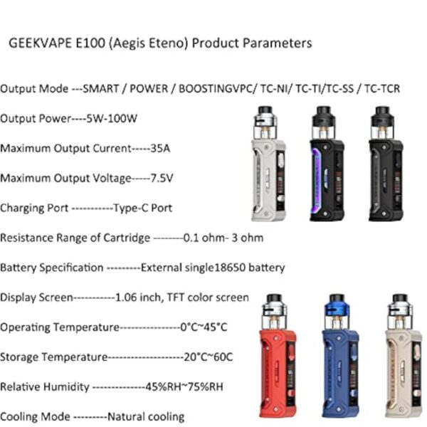 Original GeekVape E100 Aegis Eteno Kit 100W Box Mod 4.5ml Pod Cartridge Fit P Series Coil No Battery No Nicotine – Image 3