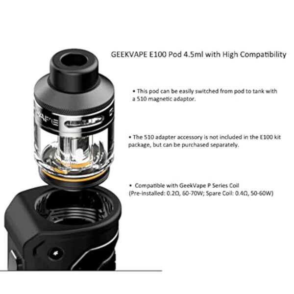 Original GeekVape E100 Aegis Eteno Kit 100W Box Mod 4.5ml Pod Cartridge Fit P Series Coil No Battery No Nicotine – Image 5
