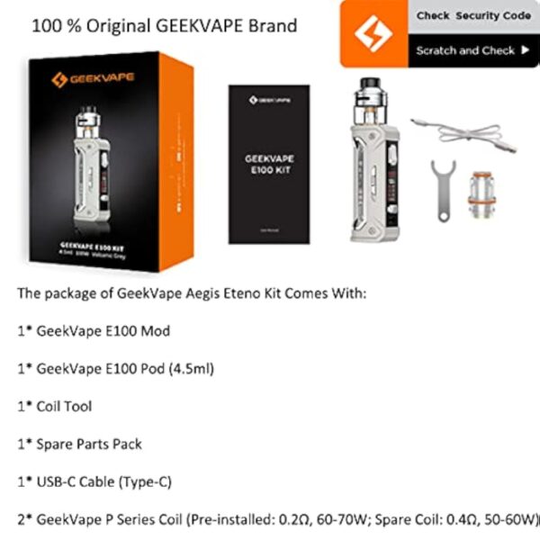 Original GeekVape E100 Aegis Eteno Kit 100W Box Mod 4.5ml Pod Cartridge Fit P Series Coil No Battery No Nicotine – Image 8