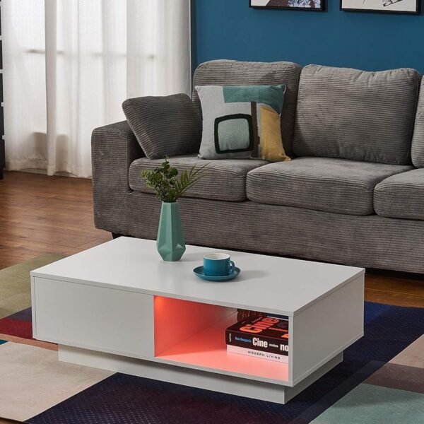Panana Table Basse LED Rectangulaire Moderne avec Tiroir, Compartiment sur Salon, Bureau et Chambre, 95 x 55 x 31 cm (Blanc) – Image 3