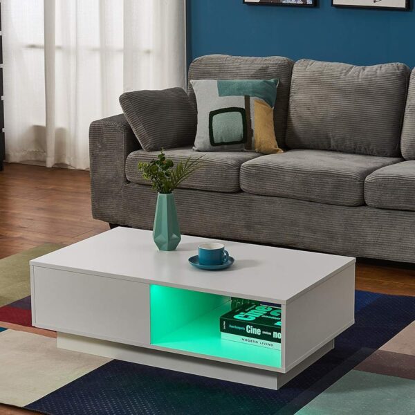 Panana Table Basse LED Rectangulaire Moderne avec Tiroir, Compartiment sur Salon, Bureau et Chambre, 95 x 55 x 31 cm (Blanc) – Image 4