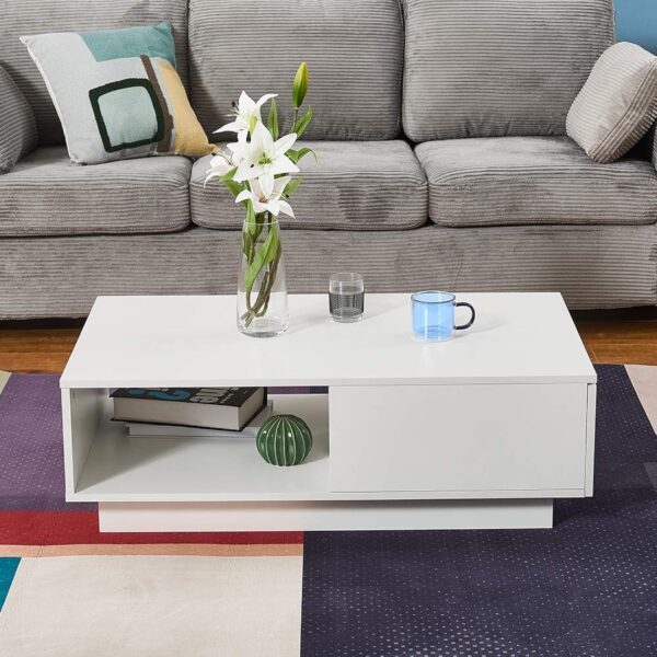 Panana Table Basse LED Rectangulaire Moderne avec Tiroir, Compartiment sur Salon, Bureau et Chambre, 95 x 55 x 31 cm (Blanc) – Image 5