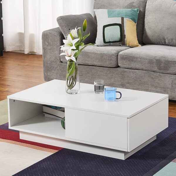 Panana Table Basse LED Rectangulaire Moderne avec Tiroir, Compartiment sur Salon, Bureau et Chambre, 95 x 55 x 31 cm (Blanc) – Image 6