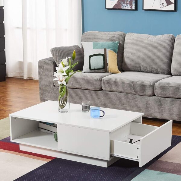 Panana Table Basse LED Rectangulaire Moderne avec Tiroir, Compartiment sur Salon, Bureau et Chambre, 95 x 55 x 31 cm (Blanc) – Image 7