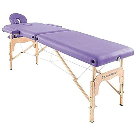 QUIRUMED Table de Massage Pliable en Bois Easy, Couleur Violet, 182 x 60 cm, Similicuir Portable, légère tête Amovible, Trou du Visage, Hauteur réglable jusqu'à 120 kg