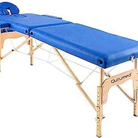 QUIRUMED Table de Massage Pliable en Bois Easy, Couleur Bleue, 186 x 66 cm, Table de Massage, Massage physiothérapie, Similicuir tête articulée, Hauteur réglable, 2 Corps