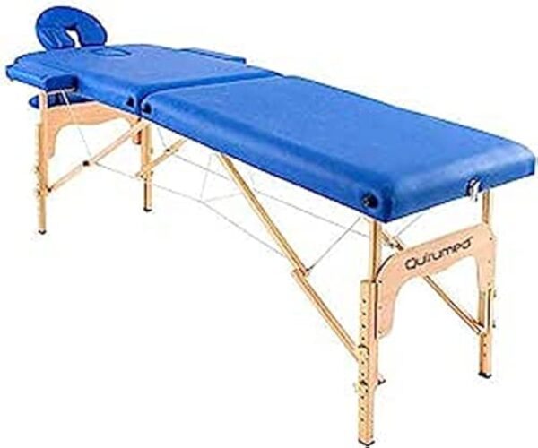 QUIRUMED Table de Massage Pliable en Bois Easy, Couleur Bleue, 186 x 66 cm, Table de Massage, Massage physiothérapie, Similicuir tête articulée, Hauteur réglable, 2 Corps