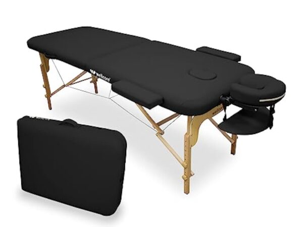 QUIRUMED WELLCORE Table de Massage Pliable en Bois en Similicuir 185 x 65 cm, Hauteur réglable, tête Amovible, Deux Bras d'agrandissement, Trou Facial, Couleur Noir, jusqu'à 225 kg
