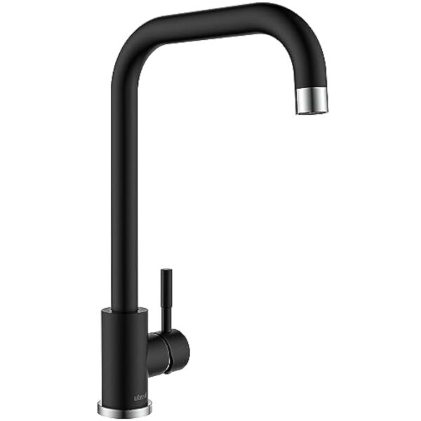 Robinet Cuisine Noir, Ulytid Mitigeur Cuisine Monocommande en Acier Inoxydable 304, Robinetterie de Evier Cuisine Pivotant à 360° avec Tube PEX, Bec Haut en Forme de L, Eau Chaude et Froide Réglable