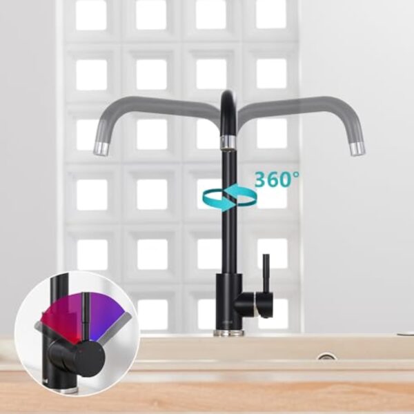 Robinet Cuisine Noir, Ulytid Mitigeur Cuisine Monocommande en Acier Inoxydable 304, Robinetterie de Evier Cuisine Pivotant à 360° avec Tube PEX, Bec Haut en Forme de L, Eau Chaude et Froide Réglable – Image 4