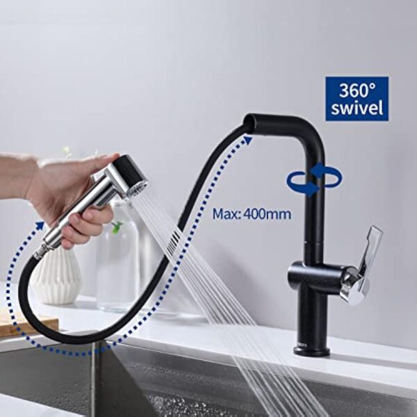 Robinet Cuisine Noir, CECIPA Mitigeur Cuisine Noir avec Douchette Extractible, Robinet Cuisine Douchette avec 2 Jets, Mitigeur Evier Rotation à 360° avec Douchette Chrome et Trou montage 32-38 mm – Image 4