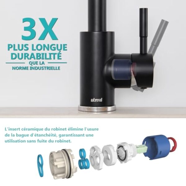 Robinet Cuisine Noir, Ulytid Mitigeur Cuisine Monocommande en Acier Inoxydable 304, Robinetterie de Evier Cuisine Pivotant à 360° avec Tube PEX, Bec Haut en Forme de L, Eau Chaude et Froide Réglable – Image 6