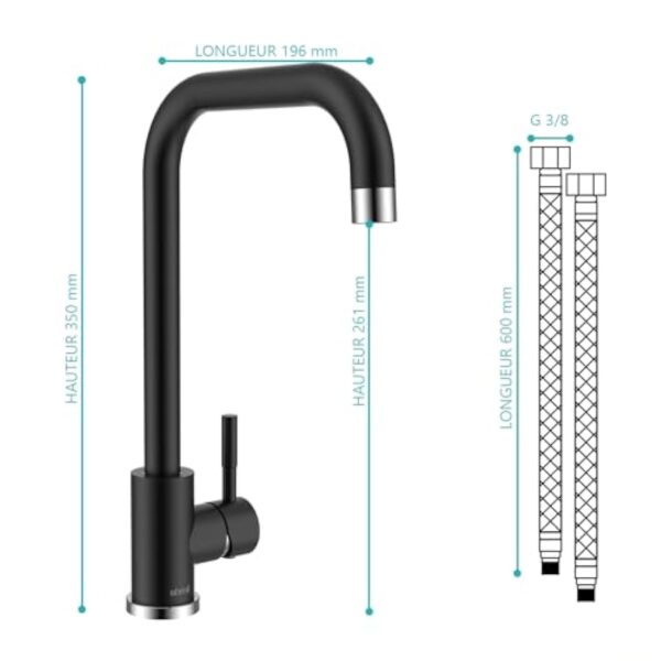 Robinet Cuisine Noir, Ulytid Mitigeur Cuisine Monocommande en Acier Inoxydable 304, Robinetterie de Evier Cuisine Pivotant à 360° avec Tube PEX, Bec Haut en Forme de L, Eau Chaude et Froide Réglable – Image 8