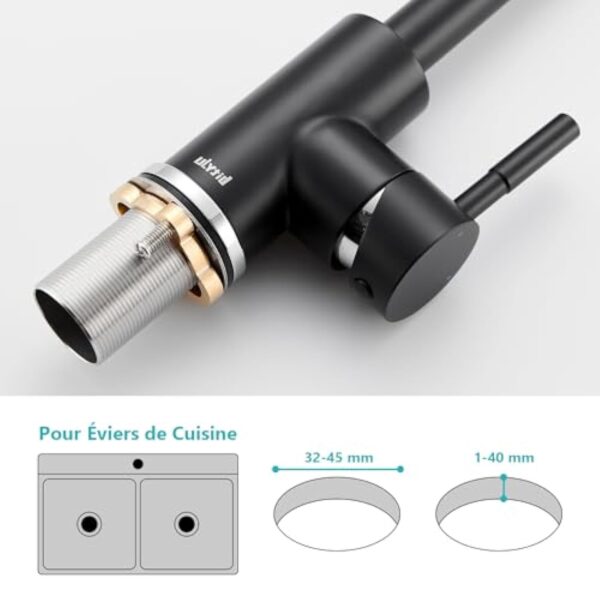 Robinet Cuisine Noir, Ulytid Mitigeur Cuisine Monocommande en Acier Inoxydable 304, Robinetterie de Evier Cuisine Pivotant à 360° avec Tube PEX, Bec Haut en Forme de L, Eau Chaude et Froide Réglable – Image 9