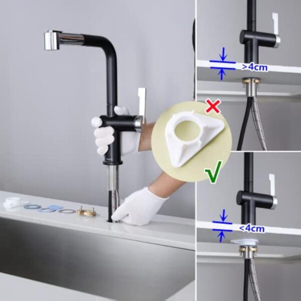 Robinet Cuisine Noir, CECIPA Mitigeur Cuisine Noir avec Douchette Extractible, Robinet Cuisine Douchette avec 2 Jets, Mitigeur Evier Rotation à 360° avec Douchette Chrome et Trou montage 32-38 mm – Image 9