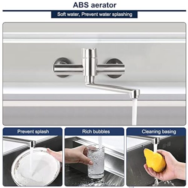 Robinet Mural Cuisine, Mitigeur Mural Inoxydable, Pivotant à 360° pour Évier de Cuisine, Eau Chaude et Froide, Trous de Montage Réglables, Bras Pivotant 23cm, Brossé – Image 4