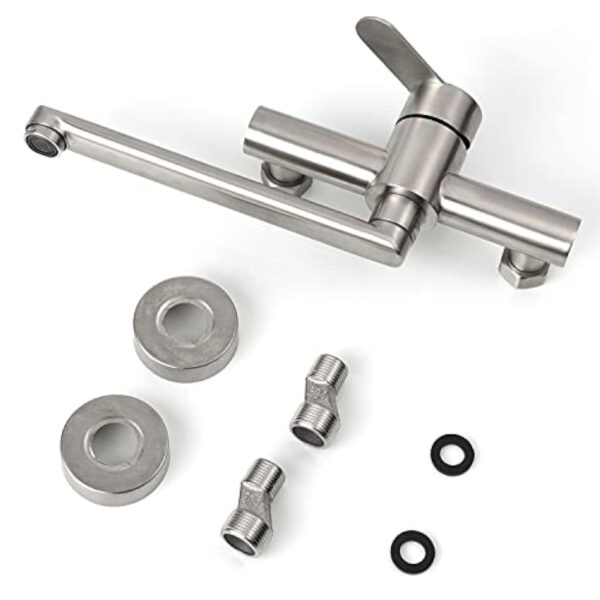 Robinet Mural Cuisine, Mitigeur Mural Inoxydable, Pivotant à 360° pour Évier de Cuisine, Eau Chaude et Froide, Trous de Montage Réglables, Bras Pivotant 23cm, Brossé – Image 7