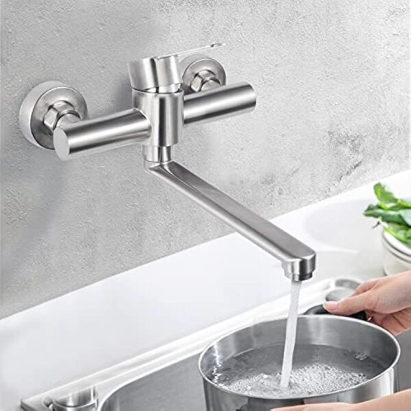 Robinet Mural Cuisine, Mitigeur Mural Inoxydable, Pivotant à 360° pour Évier de Cuisine, Eau Chaude et Froide, Trous de Montage Réglables, Bras Pivotant 23cm, Brossé – Image 8