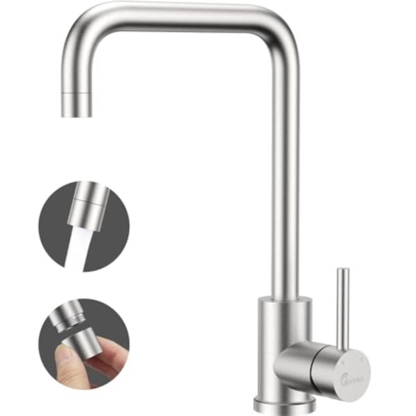 Robinet cuisine en acier inoxydable, robinet d'évier cuisine WAVEWO, mitigeur cuisine pivotant à 360°, robinet de cuisine moderne économisant l'eau et ne provoquant pas d'éclaboussures – Image 2