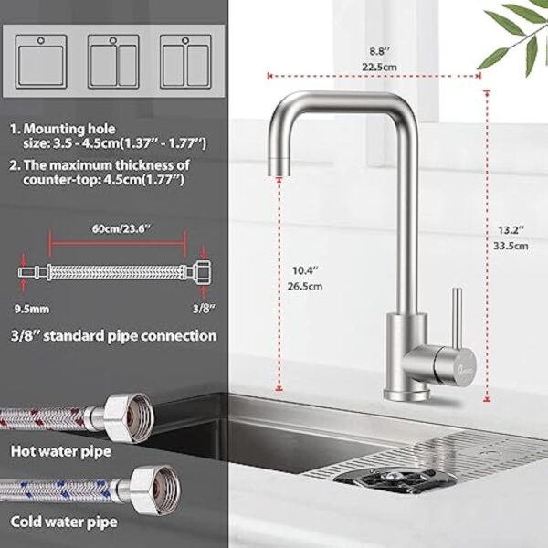 Robinet cuisine en acier inoxydable, robinet d'évier cuisine WAVEWO, mitigeur cuisine pivotant à 360°, robinet de cuisine moderne économisant l'eau et ne provoquant pas d'éclaboussures – Image 6