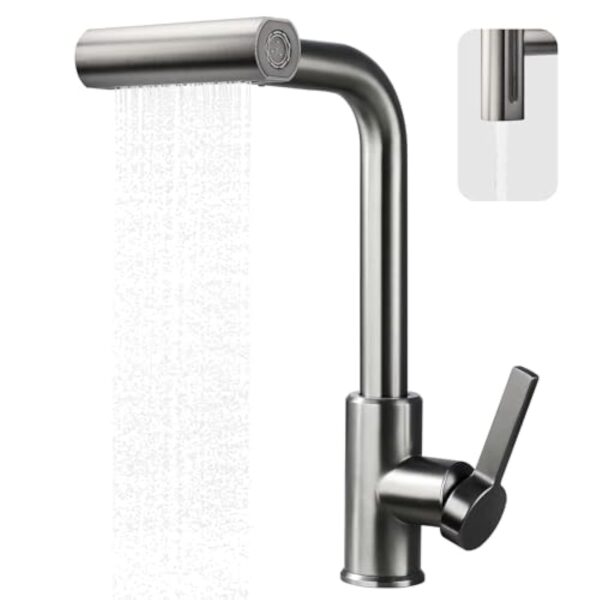 Robinet de cuisine avec tuyaux d'eau chaude/froide Connecteur UE Robinet mitigeur multifonctionnel avec tête rotative et extensible pour le lavage de l'évier (modèle G3/8" UE) – Image 2