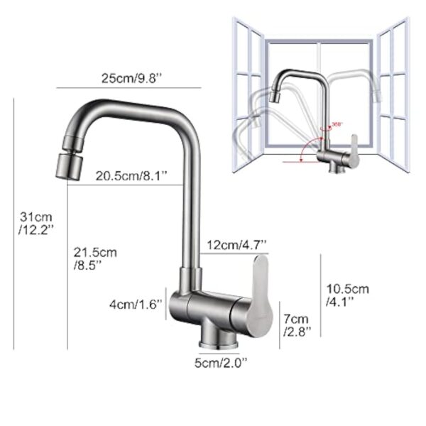Robinet de cuisine pour fenêtre avant rotatif à 360° - 2 modes de pulvérisation - Robinet d'évier pliable à levier unique (nickel brossé) – Image 3
