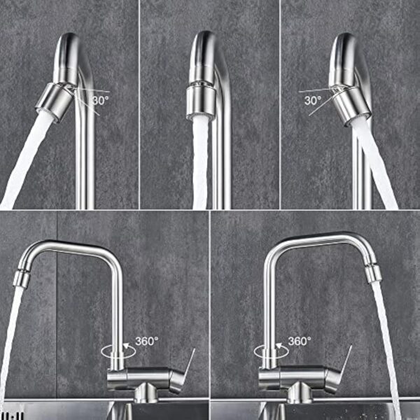 Robinet de cuisine pour fenêtre avant rotatif à 360° - 2 modes de pulvérisation - Robinet d'évier pliable à levier unique (nickel brossé) – Image 4