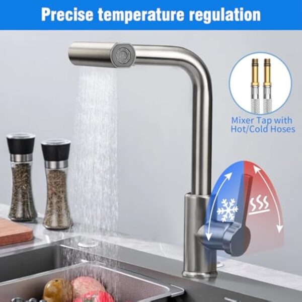 Robinet de cuisine avec tuyaux d'eau chaude/froide Connecteur UE Robinet mitigeur multifonctionnel avec tête rotative et extensible pour le lavage de l'évier (modèle G3/8" UE) – Image 5