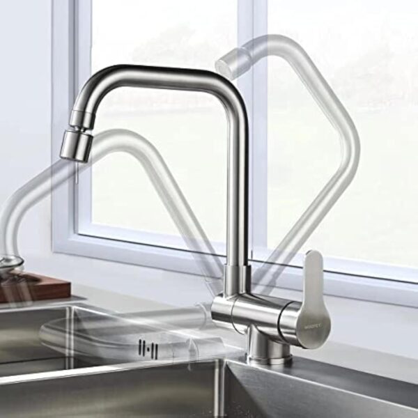 Robinet de cuisine pour fenêtre avant rotatif à 360° - 2 modes de pulvérisation - Robinet d'évier pliable à levier unique (nickel brossé) – Image 6