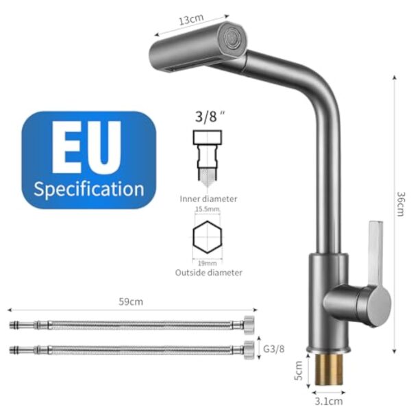 Robinet de cuisine avec tuyaux d'eau chaude/froide Connecteur UE Robinet mitigeur multifonctionnel avec tête rotative et extensible pour le lavage de l'évier (modèle G3/8" UE) – Image 6