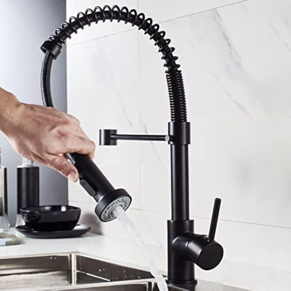 Robinet de cuisine ressort à poignée unique laiton avec douchette extractible mitigeur d'évier de cuisine (Noir) – Image 6