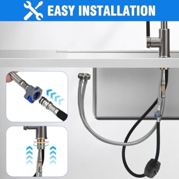 Robinet de cuisine avec tuyaux d'eau chaude/froide Connecteur UE Robinet mitigeur multifonctionnel avec tête rotative et extensible pour le lavage de l'évier (modèle G3/8" UE) – Image 7