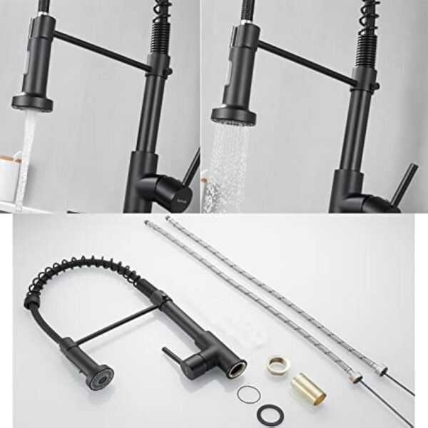 Robinet de cuisine, évier avec pulvérisateur Pull-Down ? pour ressort, matériau en cuivre, chaleur rotative et eau froide, double mode avec tête de pulvérisation double fonction (H-Matt-Black) … – Image 8