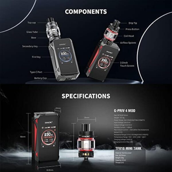 SMOK G-PRIV 4 Kit |230W With Full-color Touch screen Mod and 6.5 ml TFV 18 Mini Tank V18 Mini Coils V9 Mesh Coil No Nicotine – Image 3