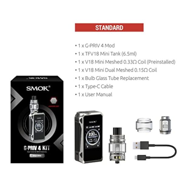 SMOK G-PRIV 4 Kit |230W With Full-color Touch screen Mod and 6.5 ml TFV 18 Mini Tank V18 Mini Coils V9 Mesh Coil No Nicotine – Image 9