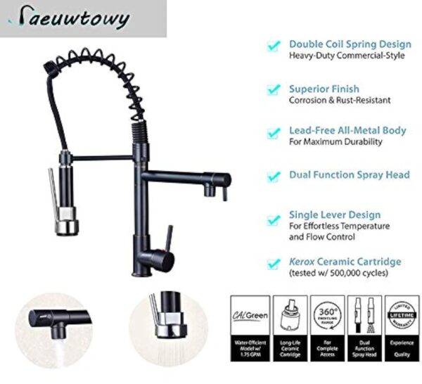 Saeuwtowy Robinet de Cuisine Laiton Noir Mitigeur Cuisine Deux Jets Robinet Avec Douchette Flexible et Pivotante Robinetterie Rétractable évier Bec Haut Pour Mitigeur évier Robinet Douchette – Image 4