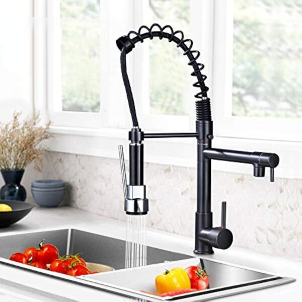 Saeuwtowy Robinet de Cuisine Laiton Noir Mitigeur Cuisine Deux Jets Robinet Avec Douchette Flexible et Pivotante Robinetterie Rétractable évier Bec Haut Pour Mitigeur évier Robinet Douchette – Image 5