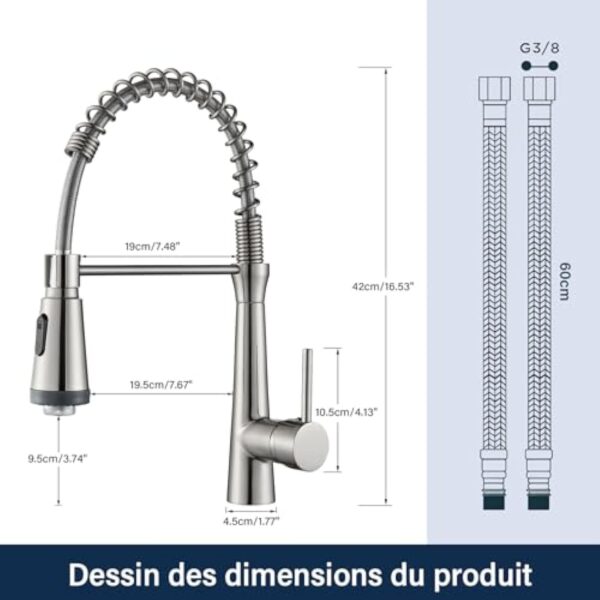 Saeuwtowy Robinet Cuisine Avec douchette,Pivotant à 360° Unique Robinet de cuisine Chaud et Froid à Poignée Mitigeur Evier Nickel Brossé – Image 6
