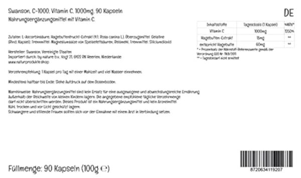 Swanson, C-1000, Vitamine C (Acide Ascorbique), 1000mg, avec Églantier, 90 Capsules, Hautement Dosé, Testé en Laboratoire, Sans Soja, Sans Gluten, Sans OGM – Image 3