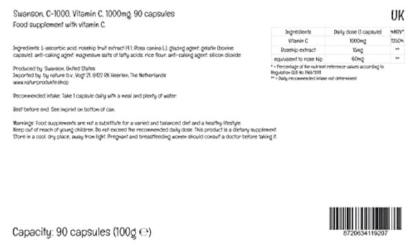 Swanson, C-1000, Vitamine C (Acide Ascorbique), 1000mg, avec Églantier, 90 Capsules, Hautement Dosé, Testé en Laboratoire, Sans Soja, Sans Gluten, Sans OGM – Image 4