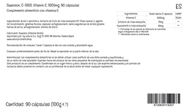 Swanson, C-1000, Vitamine C (Acide Ascorbique), 1000mg, avec Églantier, 90 Capsules, Hautement Dosé, Testé en Laboratoire, Sans Soja, Sans Gluten, Sans OGM – Image 7