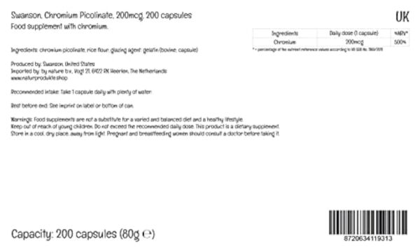 Swanson, Chromium Picolinate (Picolinate de Chrome), 200mcg, Hautement Dosé, 200 Capsules, Testé en Laboratoire, Sans Soja, Sans Gluten, Sans OGM – Image 4