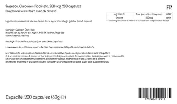 Swanson, Chromium Picolinate (Picolinate de Chrome), 200mcg, Hautement Dosé, 200 Capsules, Testé en Laboratoire, Sans Soja, Sans Gluten, Sans OGM – Image 5