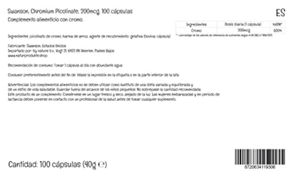 Swanson, Chromium Picolinate (Picolinate de Chrome), 200mcg, Hautement Dosé, 100 Capsules, Testé en Laboratoire, Sans Soja, Sans Gluten, Sans OGM – Image 7