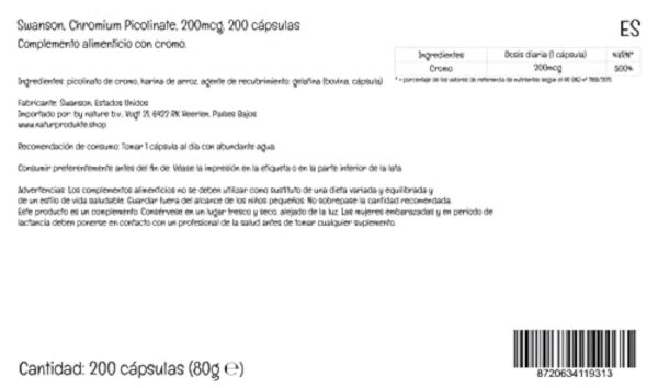 Swanson, Chromium Picolinate (Picolinate de Chrome), 200mcg, Hautement Dosé, 200 Capsules, Testé en Laboratoire, Sans Soja, Sans Gluten, Sans OGM – Image 7