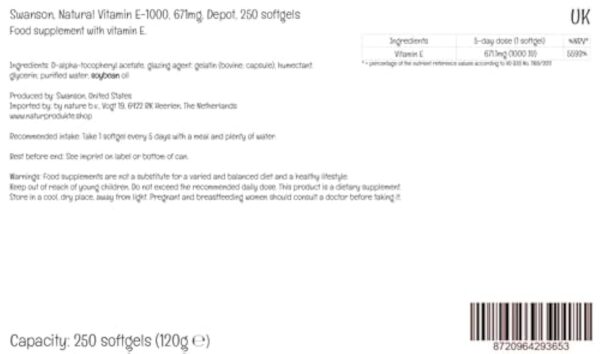 Swanson, Natural E-1000, Vitamine E Haute Dosée, 1000 UI, Dépôt, 1 Capsule tous les 5 Jours, 250 Capsules molles, Testé en Laboratoire, Sans Gluten, Sans OGM – Image 4