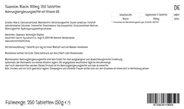 Swanson, Niacine, 100mg, Vitamine B3, 250 Comprimés végétaliens, Hautement Dosés, Testé en Laboratoire, Végétariens, Sans Soja, Sans Gluten, Sans OGM – Image 3