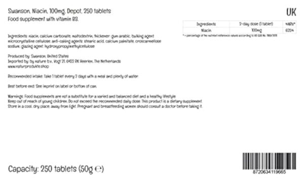 Swanson, Niacine, 100mg, Vitamine B3, 250 Comprimés végétaliens, Hautement Dosés, Testé en Laboratoire, Végétariens, Sans Soja, Sans Gluten, Sans OGM – Image 4