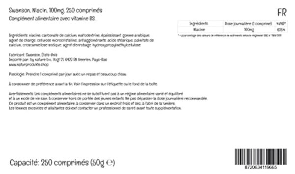 Swanson, Niacine, 100mg, Vitamine B3, 250 Comprimés végétaliens, Hautement Dosés, Testé en Laboratoire, Végétariens, Sans Soja, Sans Gluten, Sans OGM – Image 5